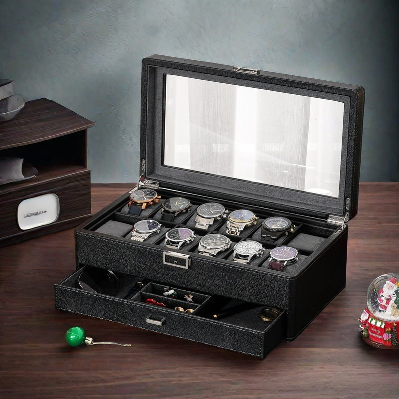 12-Slot Luxury Watch Box with Valet Drawer, Black
