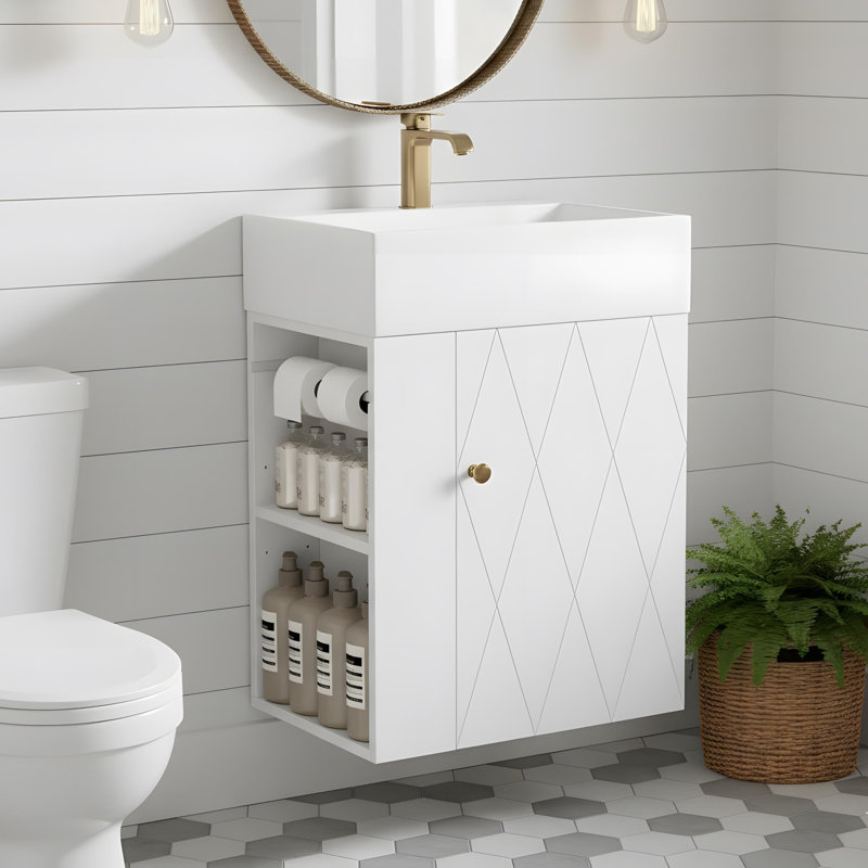 Meuble-lavabo mural avec portes à motif de losanges, Blanc
