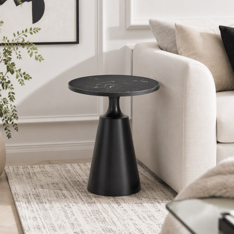 Table d'appoint ronde moderne avec plateau en marbre, Noir, marbre