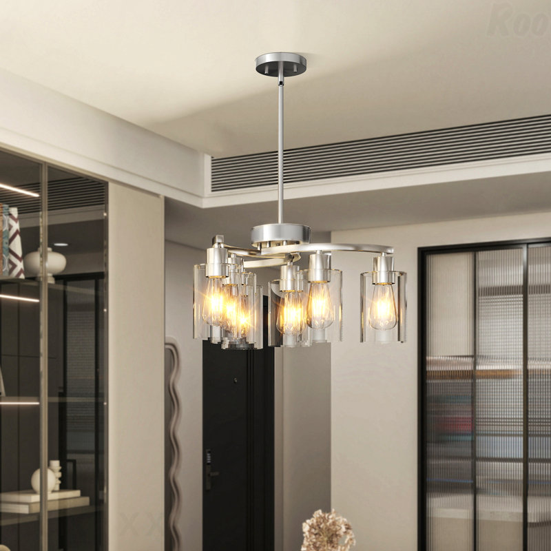 Lustre - configuration 6 lumières, finition nickel brossé, Six lumières, H 55 po x l 21,7 po x P 21,7 po, Chrome chrome