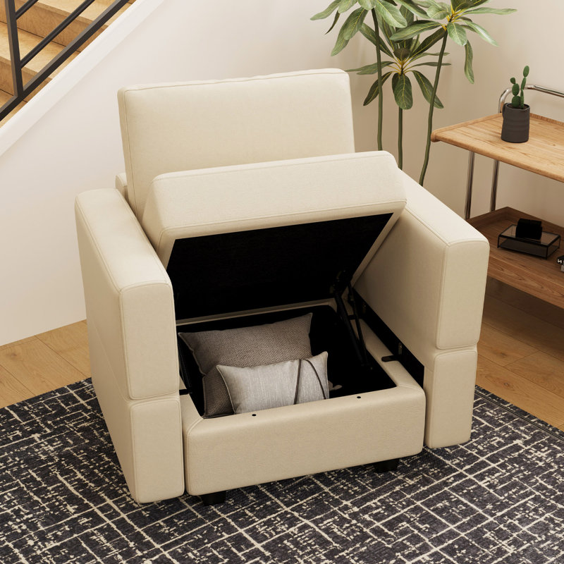 Colusa Faux Leather Single Arm Chair Storage Armchair Sofa Memory Foam Sofa for Living Room and Office, Beige