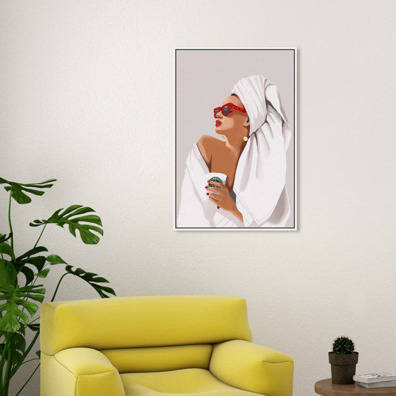 «Her Morning Coffee» - Impression, Toile avec cadre blanc, H 30 po x l 20 po