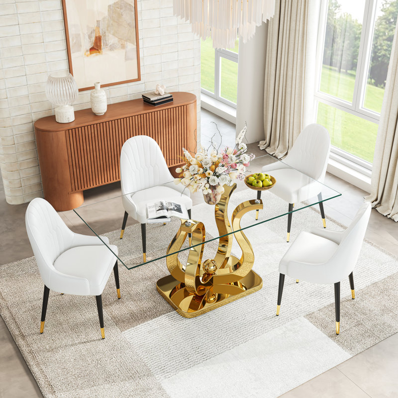 69" Rectangular Glass Dining Table Set, Tempered Glass Top, Polished Stainless Steel S-Shaped Base, Faux Leather Diamond-Back Chairs With Gold Metal Accents