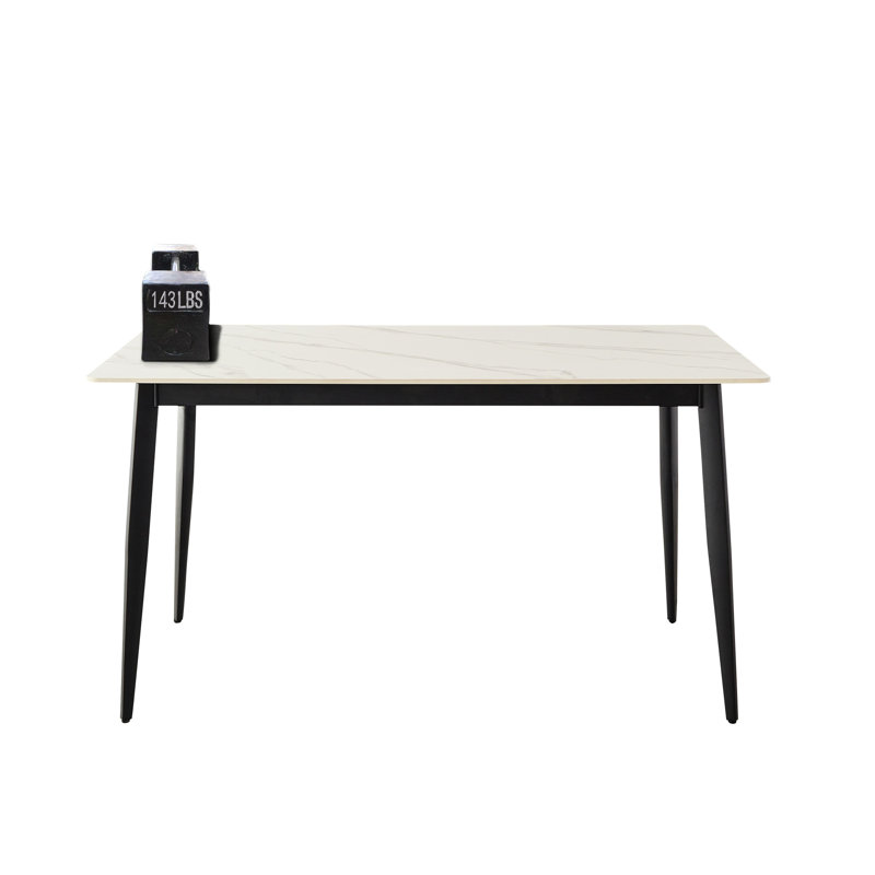Table de salle à manger 55 po rectangulaire en porcelaine blanche avec pieds en métal, design élégant et tendance