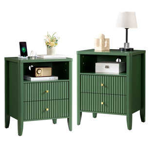 22" 2-Drawer Nightstand, Modern fluted set Bedside Table with Charging Station and Solid Wood Legs and Open Shelf