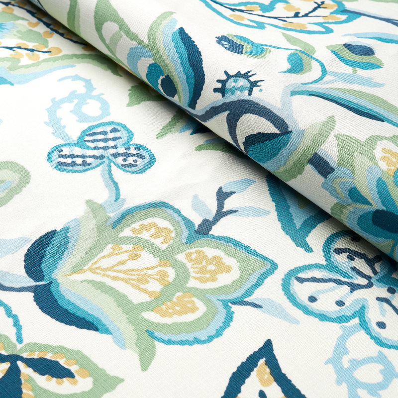 Alexandra Vine Linen Fabric, Navy/Leaf