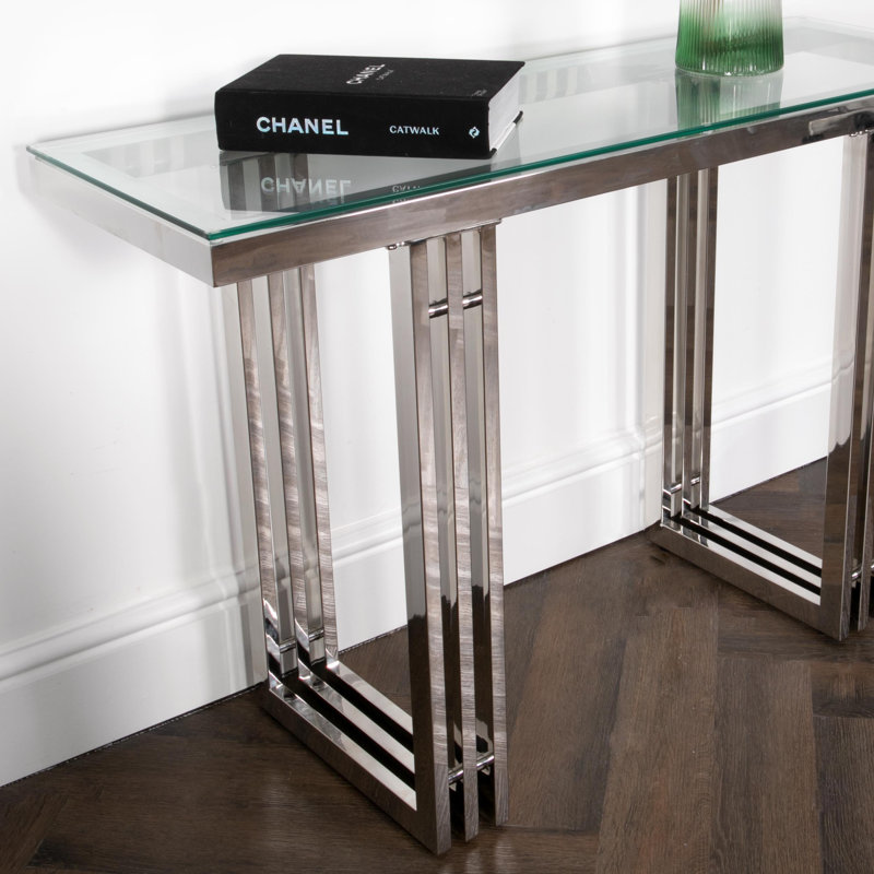 Abbiney 400 cm W Glass Top Console Table, Silver