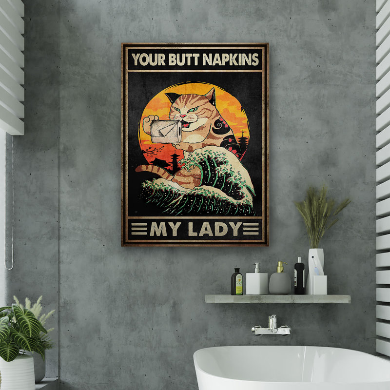 Chat japonais - Toile tendue avec toile vos serviettes de table - Illustration de salle de bain et de lessive, décor de salle de bain noir et orange