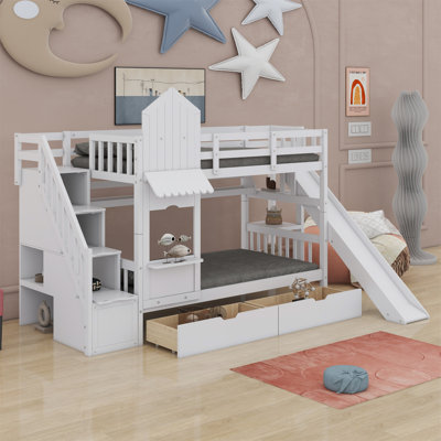 Castle Style Bunk Bed With 2 Drawers 3 Shelves And Slide