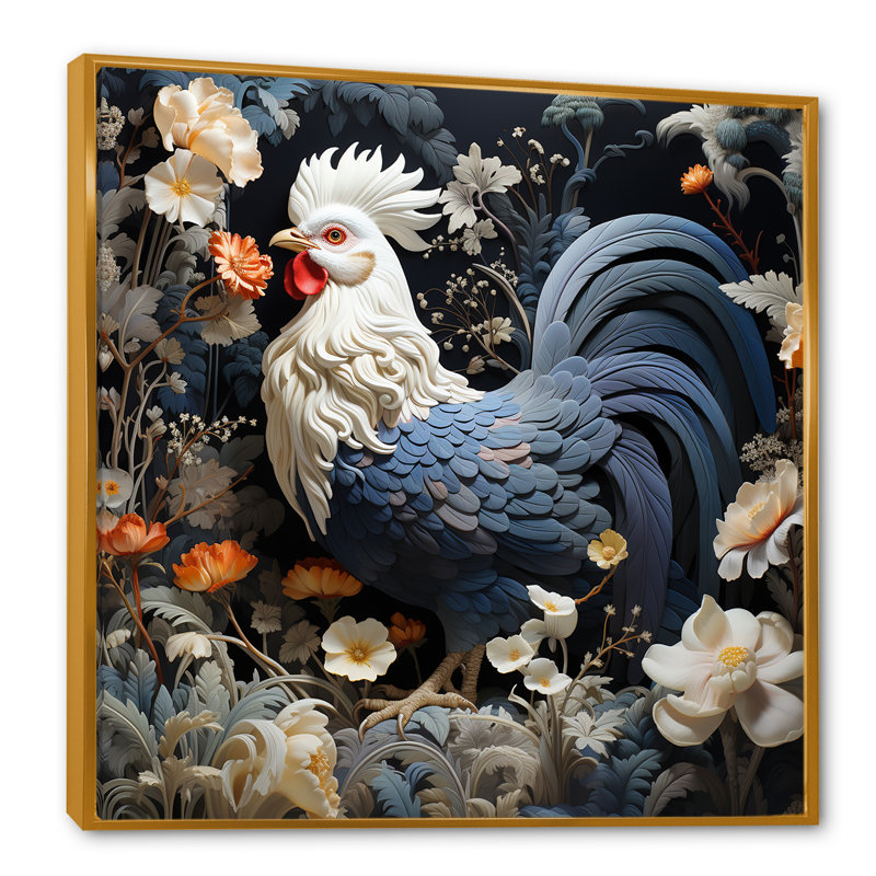 Coq dans un jardin de fleurs II, Cadre flottant doré, H 16 po x l 16 po x P 1 po