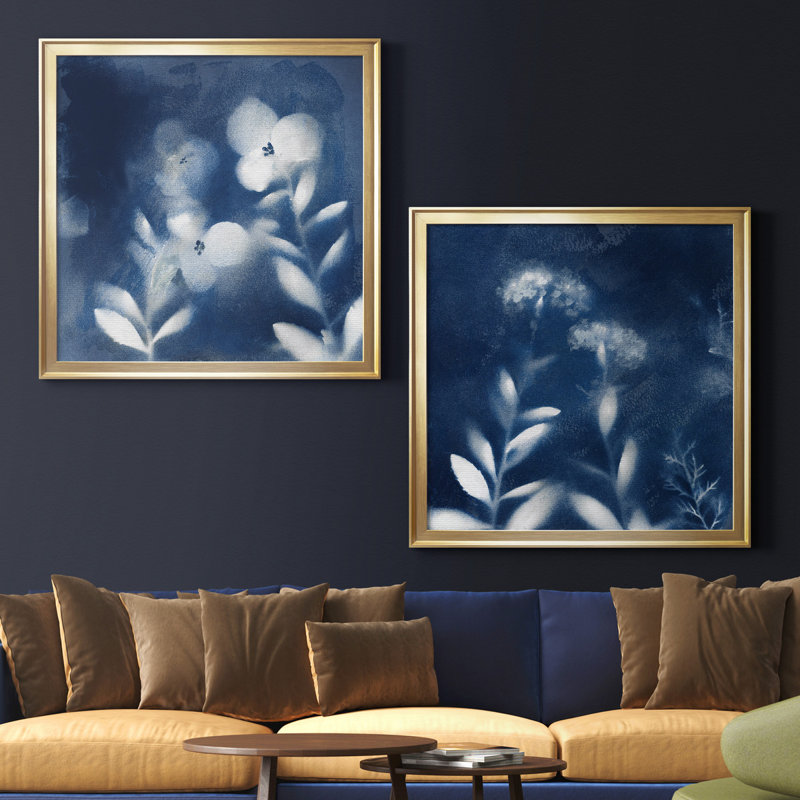 «Nature's Indigo I», ensemble de 2 reproductions d'art encadrées, H 30,5 po x l 61 po x P 1,5 po, Toile encadrée d'or