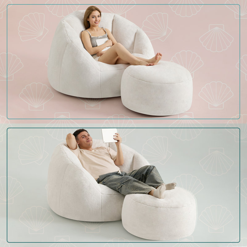 Fauteuil à billes surdimensionné à compression avec repose-pieds, canapé à billes en microfibre, Beige
