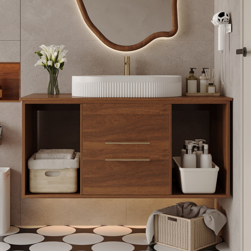 Modern 40 " Wall-Mounted Bathroom Vanity with Oval Ceramic Sink Floating Vanity Multi-Layer Solid Wood Cabinet, Walnut