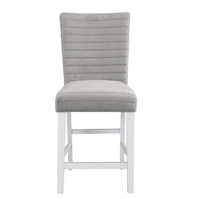 Chaise à hauteur de comptoir en velours gris et blanc à finition brillante de 2 personnes avec pieds en K, siège rembourré, épaisseur de coussin de 60 mm, poches de ceintures de 3 po au bas du siège, densité de la mousse D20, bois dur