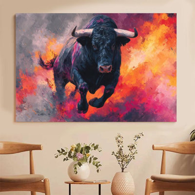 1Pc Framed Canvas Poster Print Bull Rush, Flame Background, Abstract Expressionism Wall Art Wall Pediments, Wall Decor, Perfect for Room Decor Living Room Bedroom Office Kitchen Bathroom Home Decor, Rustic & Modern Ideal Home Wall Decoration