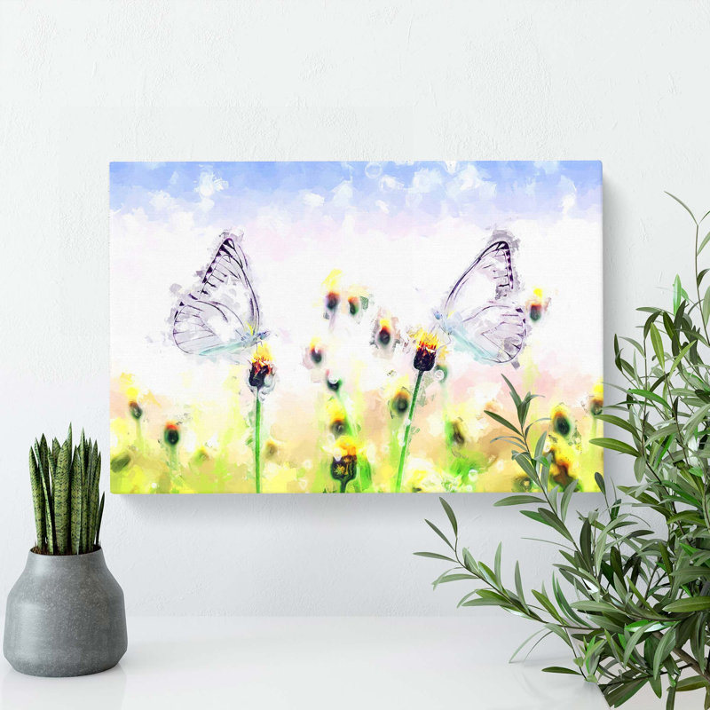 Two Butterflies upon Yellow Flowers in Abstract - Wrapped Canvas, 35cm H x 50cm W x 3cm D
