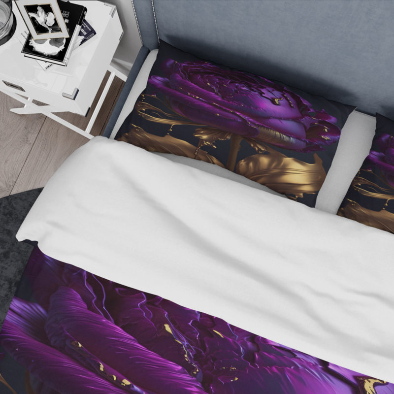 Mauve pivoine liquide or III - ensemble de housse de couette floral pivoine - microfibre de polyester