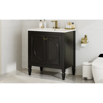 Meuble-lavabo de 30 po avec lavabo, armoire de décoration de style rétro. Finition noire, bois véritable, lavabo en céramique, tablette design. Noir, plateau lisse