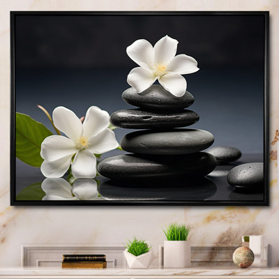 Zen Black River Stone Blooming Magnolias - Lily Canvas Art Print