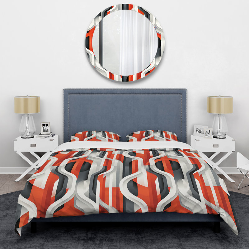 Literie géométrique grise et rouge, Housse de couette simple + 1 taie décorative stan