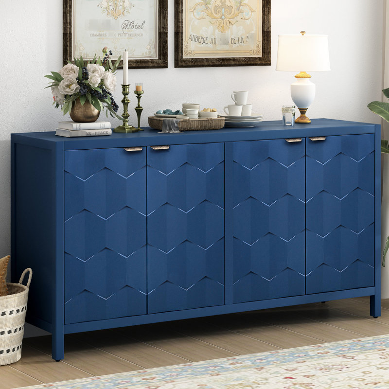 Élégant buffet de couleur bleu marine et motif nid d'abeille - pour les portes luxueuses de l'intérieur de la maison, espace de rangement abondant