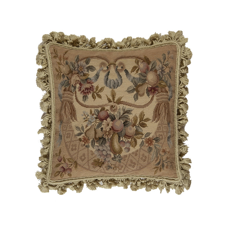Needlepoint Fringed Reversible Throw Pillow, Square 16", Brown Floral 17