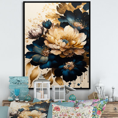 «Blue and Gold Dahlia Bunch III», art mural sur toile floral et botanique
