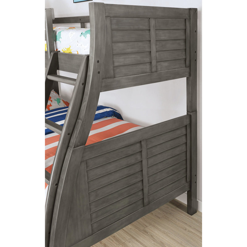 Lit superposé simple au dessus d'un lit double, transitionnel, gris, structure de style planche, réversible, bois massif, configuration utilitaire de chambre à coucher, profit