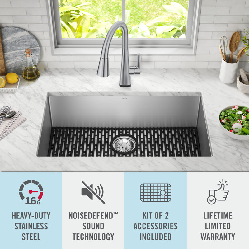 Delta Lenta™ Undermount 16 Gauge Stainless Steel Single Bowl Kitchen Sink with Accessories, 32" L x 19" W