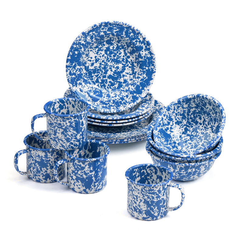 Crow Canyon Enamelware Splatter 16 Piece Dinnerware Set, Blue