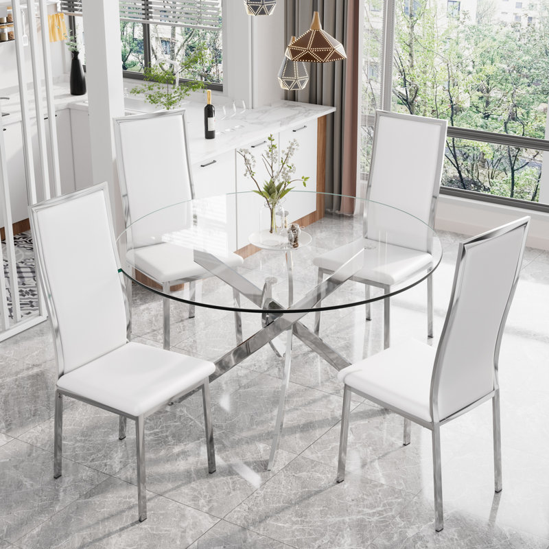 Ensemble de salle à manger 4 pièces, H 29,5 po x L 47 po x l 47 po, Blanc, Argent argent