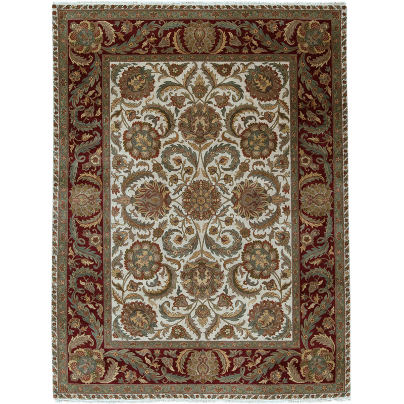 Tapis ivoire et rouge noué à la main de haute qualité