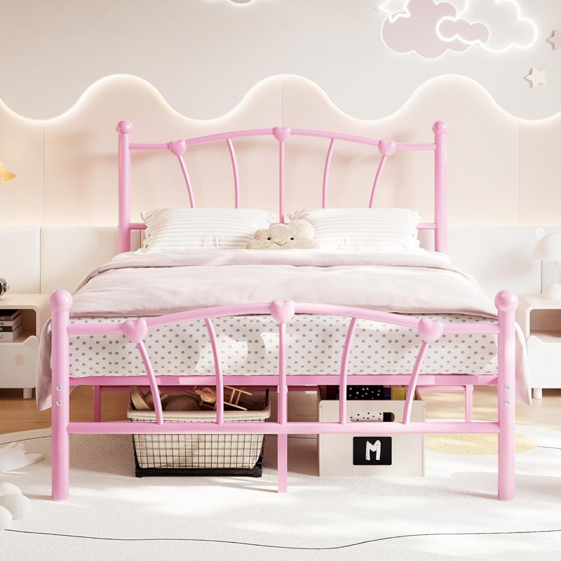 Base de lit plateforme en métal en forme de cœur avec tête et pied de lit, support de lattes robuste et rangement sous le lit, aucun sommier nécessaire
