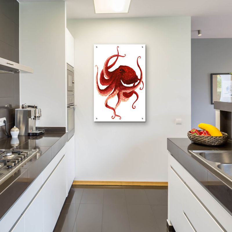 Art mural en verre Breakwater Bay «Giant Pacific Octopus, Red» par Jeannine Saylor, H 36 po x l 24 po x P 0,2 po