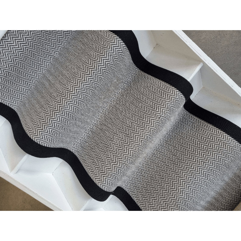 Black and White Herringbone Faux Sisal Carpet Stair Runner Black Cotton Border
