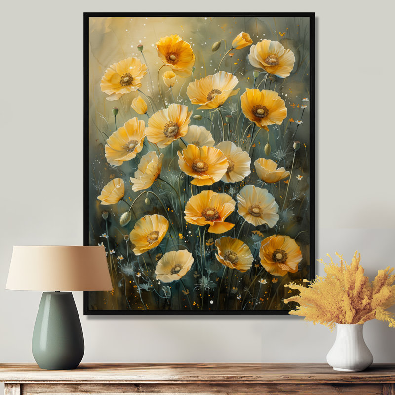 «Yellow Poppies Whispers Of Joy II», impression d'art mural coquelicots, Cadre flottant noir, H 12 po x l 20 po