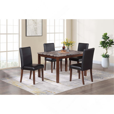 Modern Black And Cherry Finish Faux Marble Top Table 4X Side Chairs Faux Leather Upholstered 5Pc Dining Set