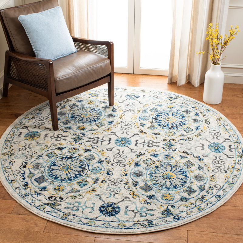Tapis floral ivoire / bleu Osakis, Rond 6 pi 7 po