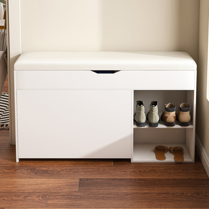 Banc d'entrée blanc avec rangement pour chaussures, tiroirs rabattables pour le couloir, la tête de lit et le salon