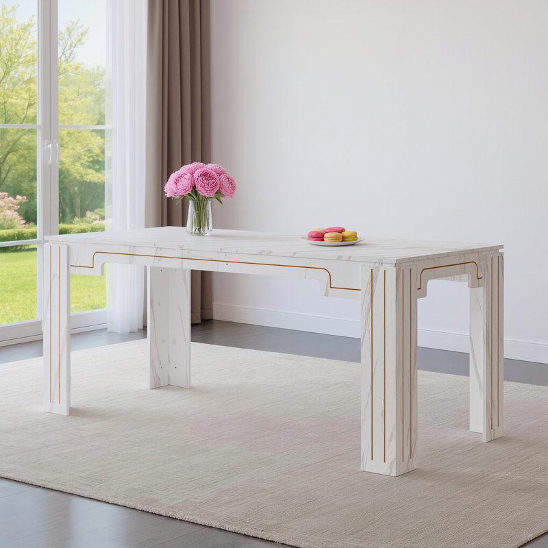 White Marble-Patterned MDF Dining Table With Recessed Legs, Featuring A Minimalist Yet Luxurious Design. Suitable For 6-8 People, Versatile And Adaptable To Various Spaces.