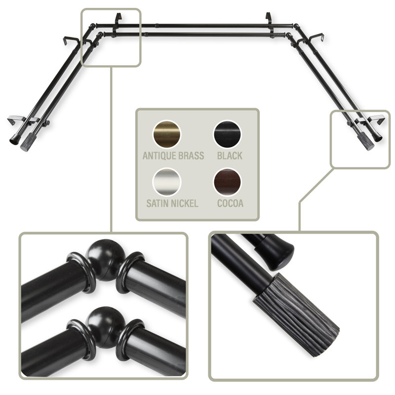 Tringle à rideaux double réglable pour fenêtre de baie de 0,81 à 38 po, Noir