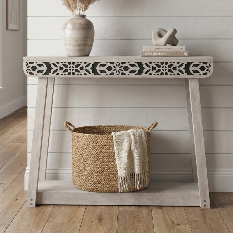 Chul 43.3" Traditional Console Table With Curved Edge Top, Dusty Gray Oak