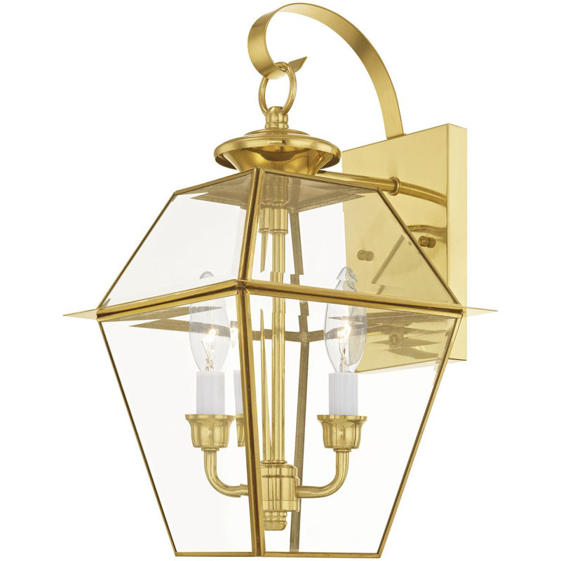 9in 2-Light Outdoor Wall Lantern, Clear Beveled Glass, Pendant Lighting Fixture, Polished Brass