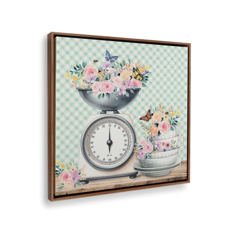Échelle de cuisine et vaisselle avec fleurs par Nicole DeCamp, reproduction d'art, L 36 x H 36, Brun, Toile avec cadre