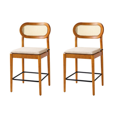 Tabouret de comptoir en bois massif Jacindo Coastal avec dossier en rotin et coussin rembourré amovible
