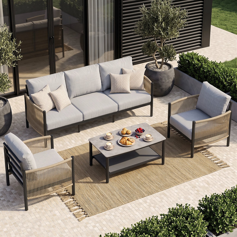 Canapé de patio 3 places en aluminium de 188 cm (74 po) avec coussins haute densité de 15 cm (6 po) d'épaisseur et tissu oléfine résistant aux intempéries