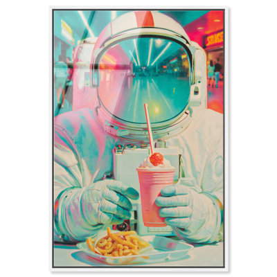 Impression acrylique encadrée « Astronaute de Mall Court », style rétro urbain glamour, par Art Remedy, cadre blanc, 36 x 54