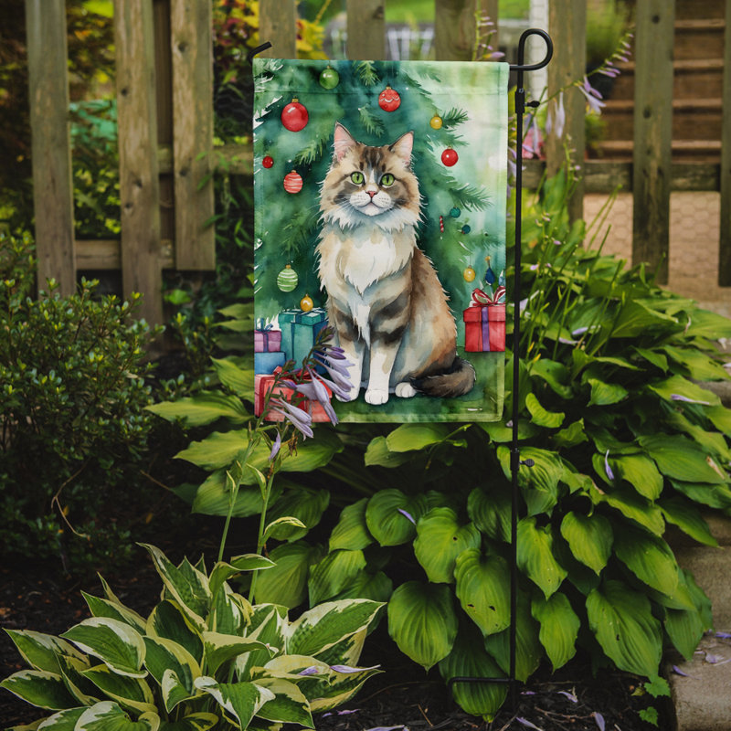 Pixie Bob Cat By the Christmas Tree Garden Flag, Ragamuffin