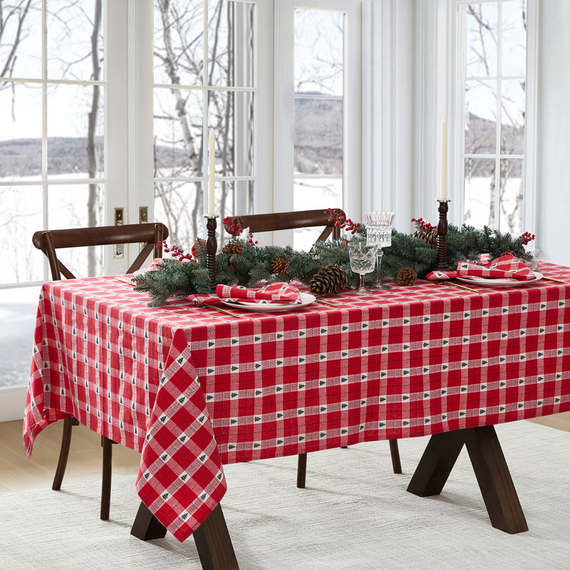 Keandra Christmas/Holiday Tree Dobby Cotton Tablecloth, Red, 120" L x 60" D