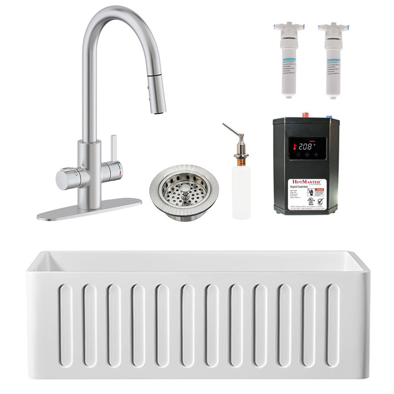 Évier de cuisine à tablier réversible à cuve simple 30 po avec robinet, filtre et accessoires, Acier inoxydable